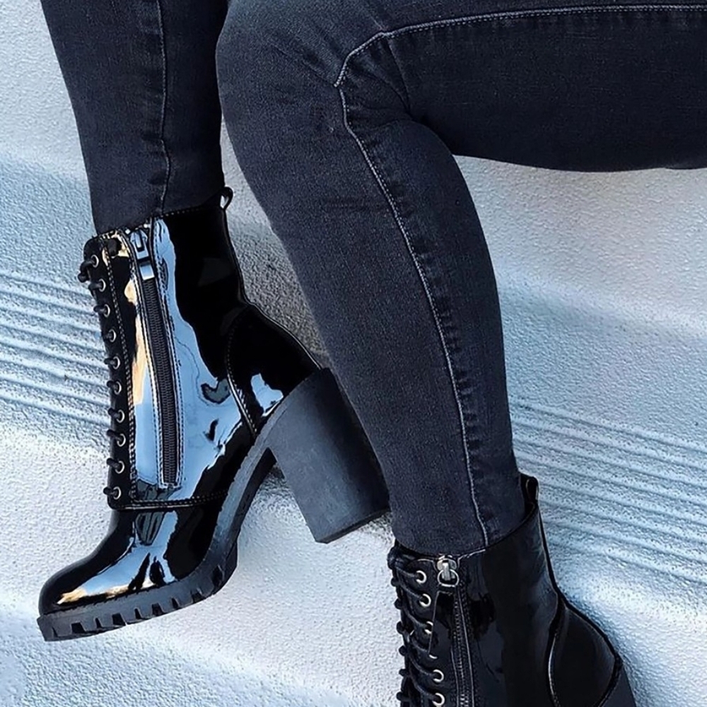 Gothic Glossy Leather Combat BootsBlackCombat Boots3.5"inch - Picture 6 of 7
